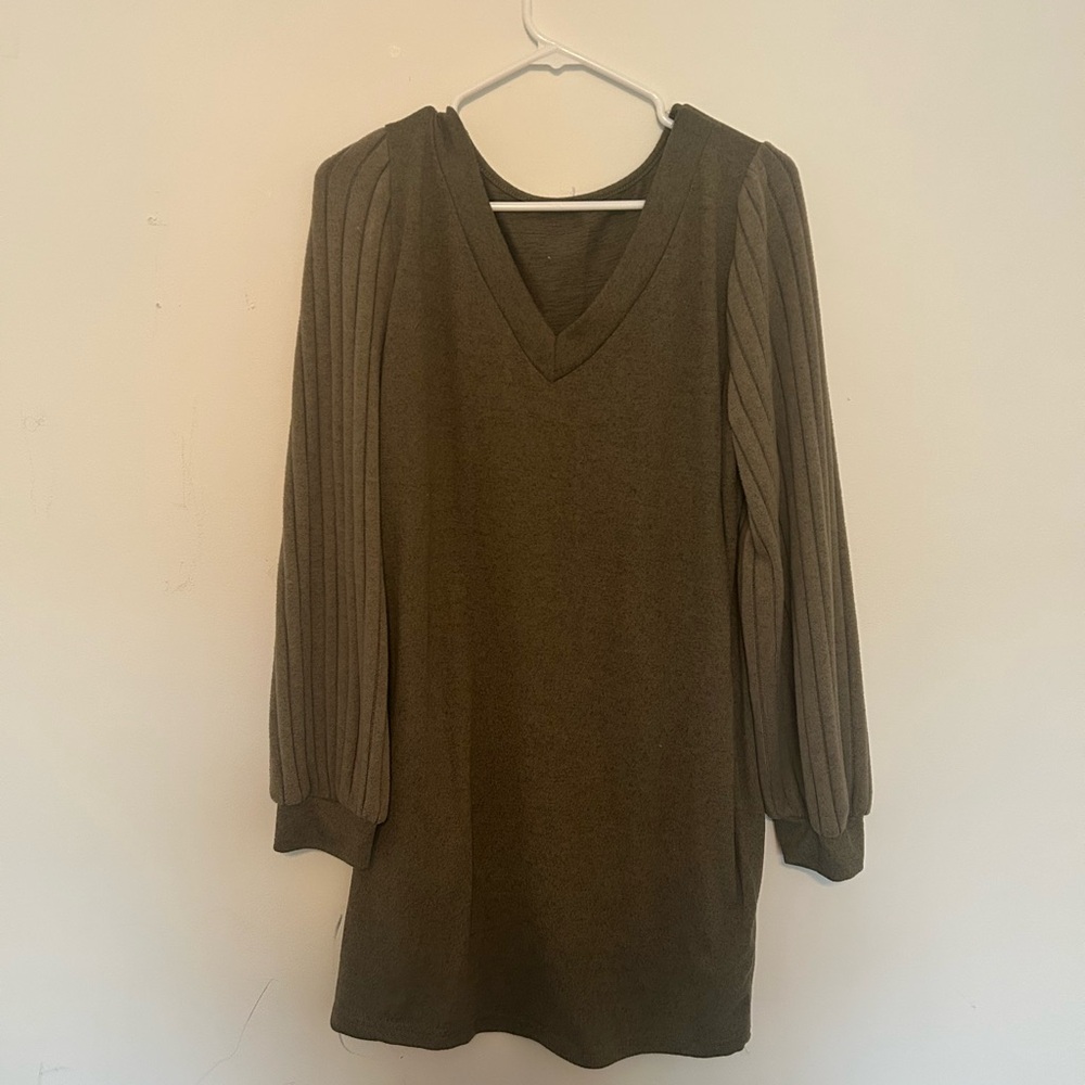 Olive Green V-Neck Sweater Dress with Ribbed Puff Sleeves